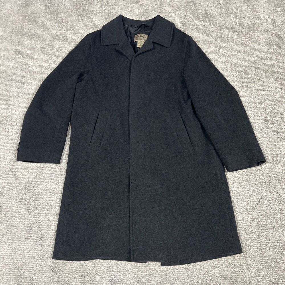 LL Bean Long Coat Mens Large Tall Gray Wool Trench Overcoat Pockets Lined